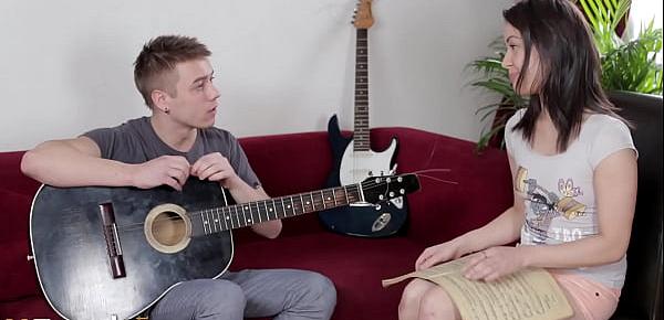  Dark-haired teen in sexy socks wants to learn how to play guitar, ends up enjoying anal